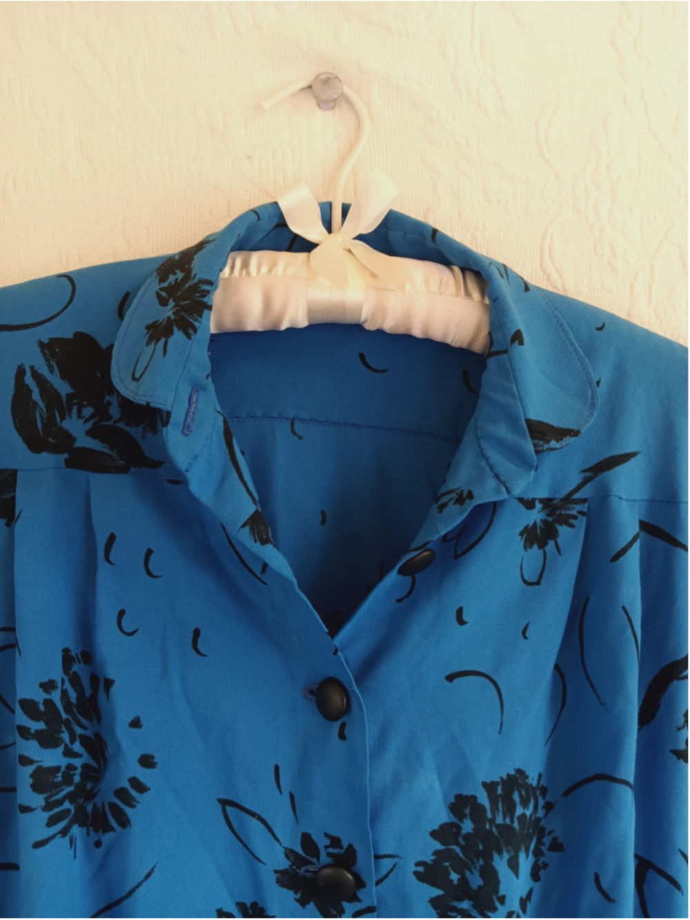 80s Button down Midi shirt Dress electric Blue Black floral vintage secretary M - Picture 3 of 16